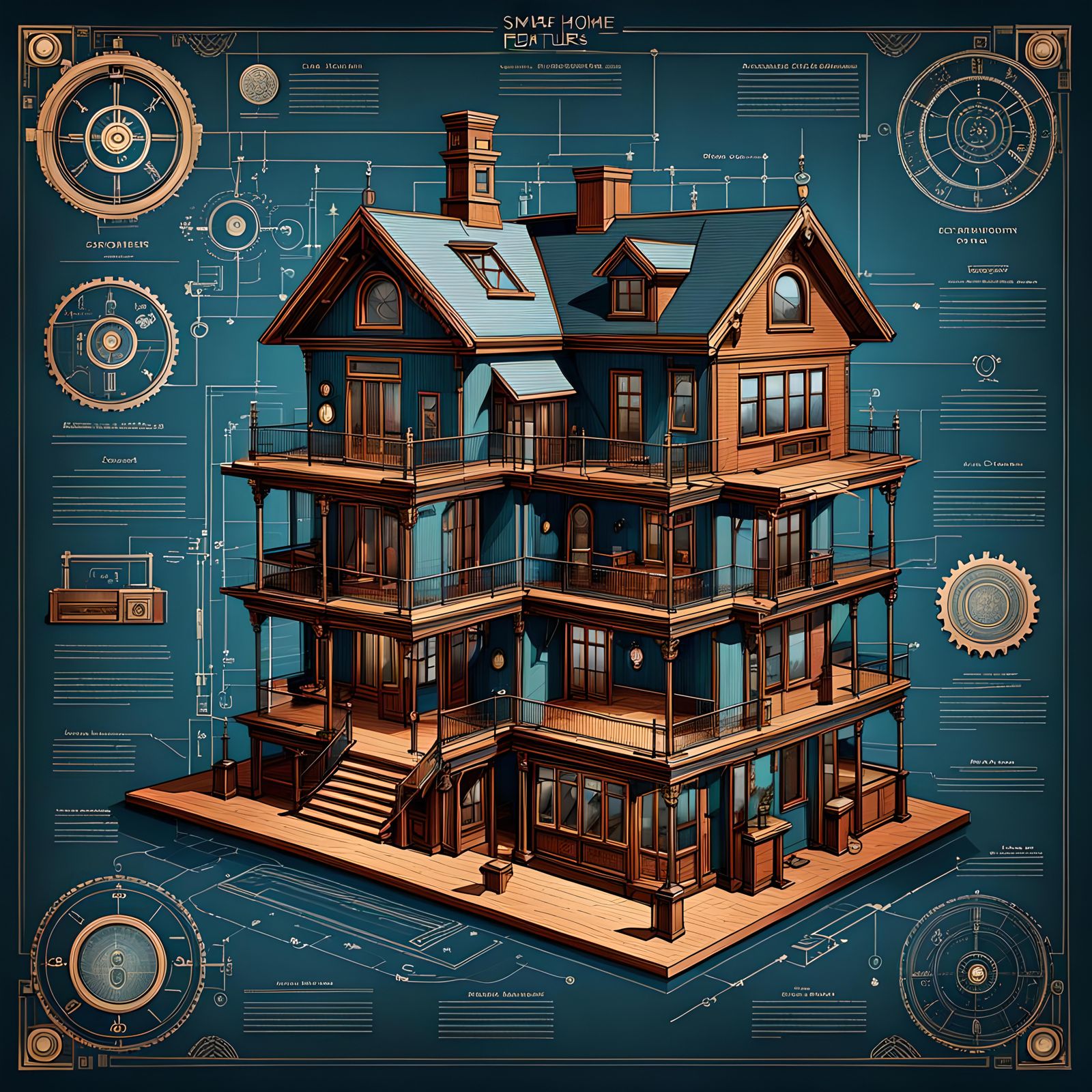 Steampunk Smart Home Diagram in Victorian Style