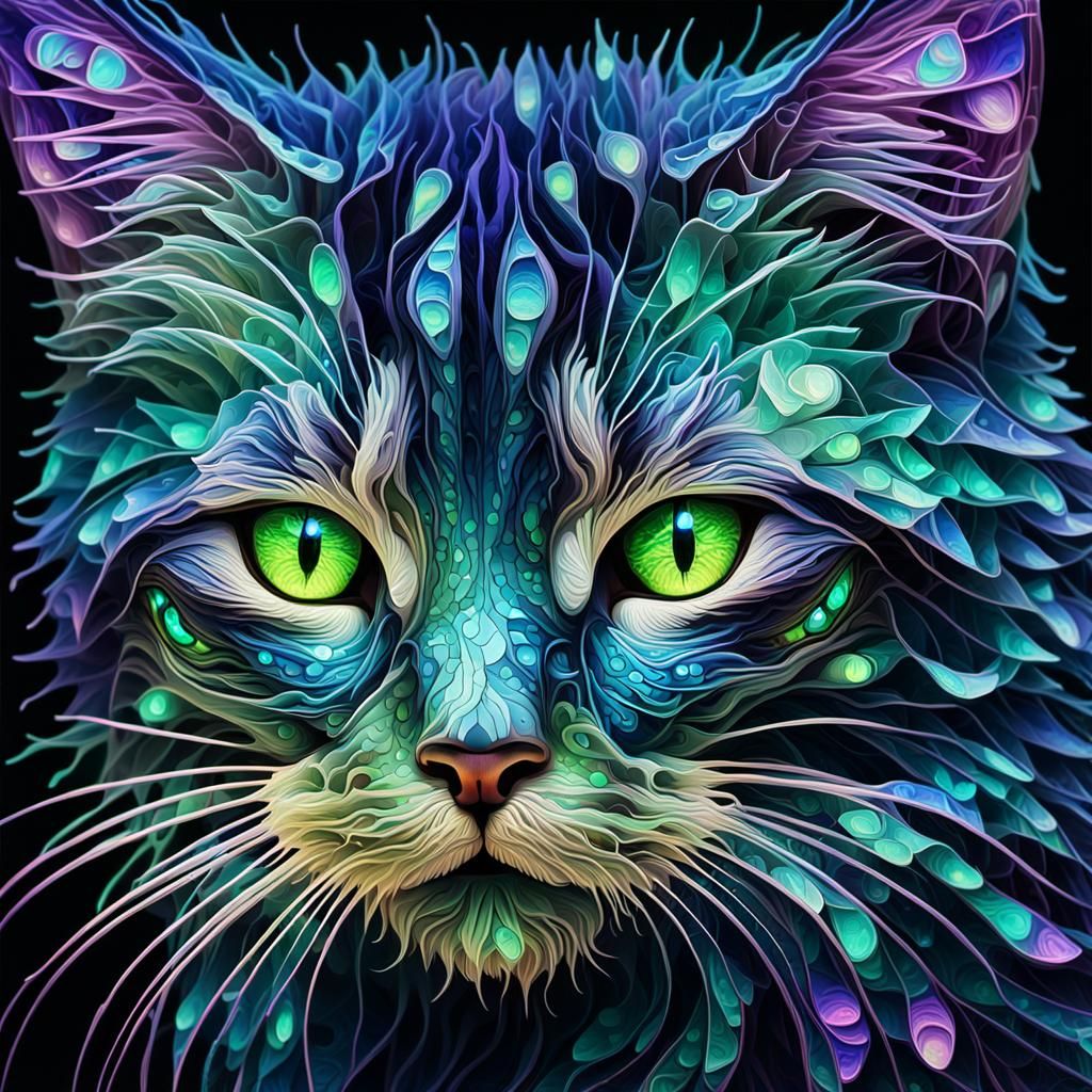 Bioluminescent Cat Face in Digital Mosaic Style