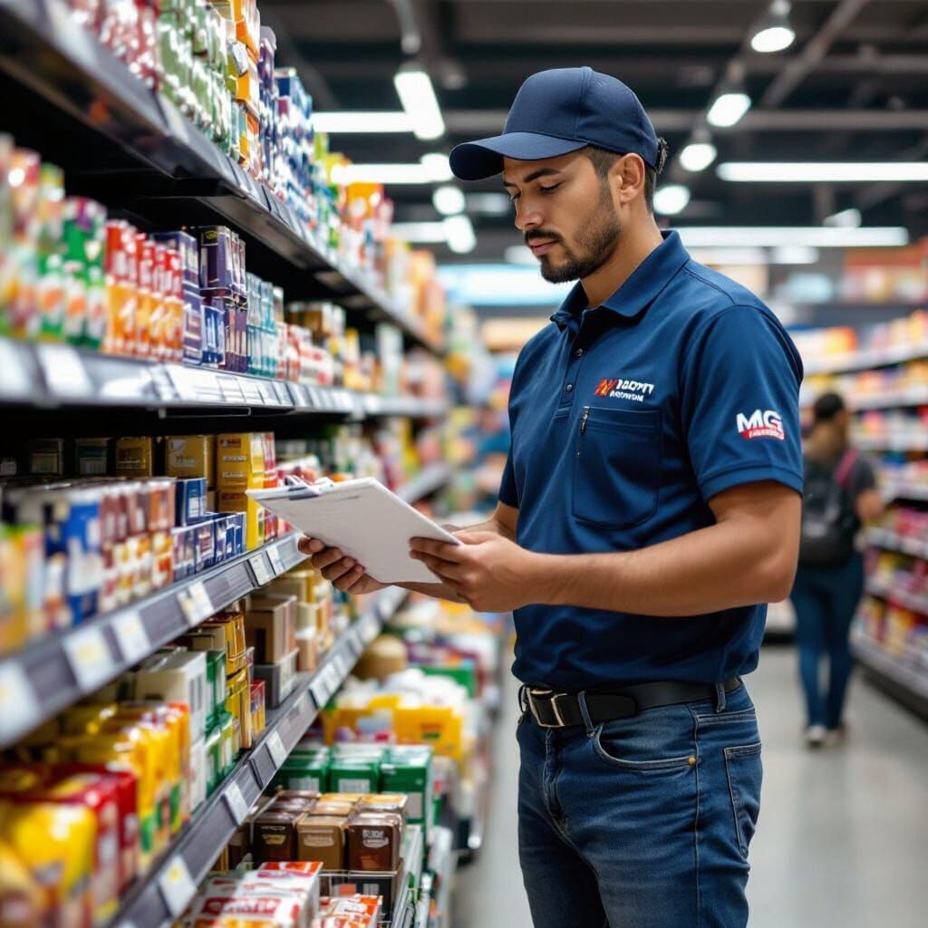 Bolivian Merchandiser Organizes Products in Supermarket, Hyp...