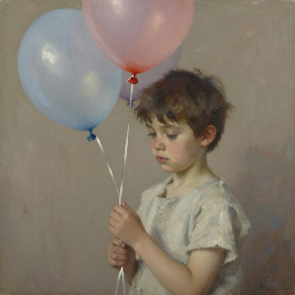 Fine Art Portrait of Child Holding Balloons, Painterly Reali...