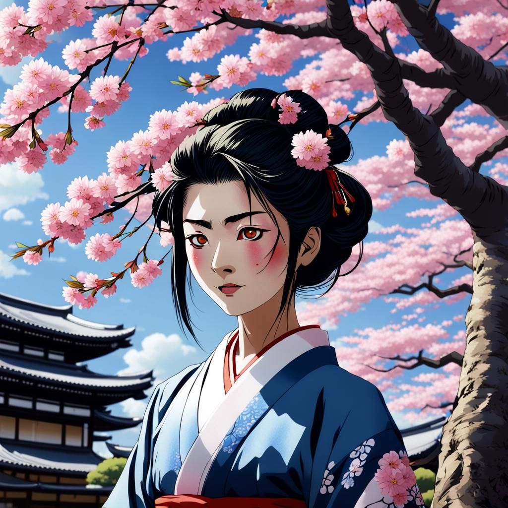 Anime Geisha Yakuza Under Cherry Blossom Tree
