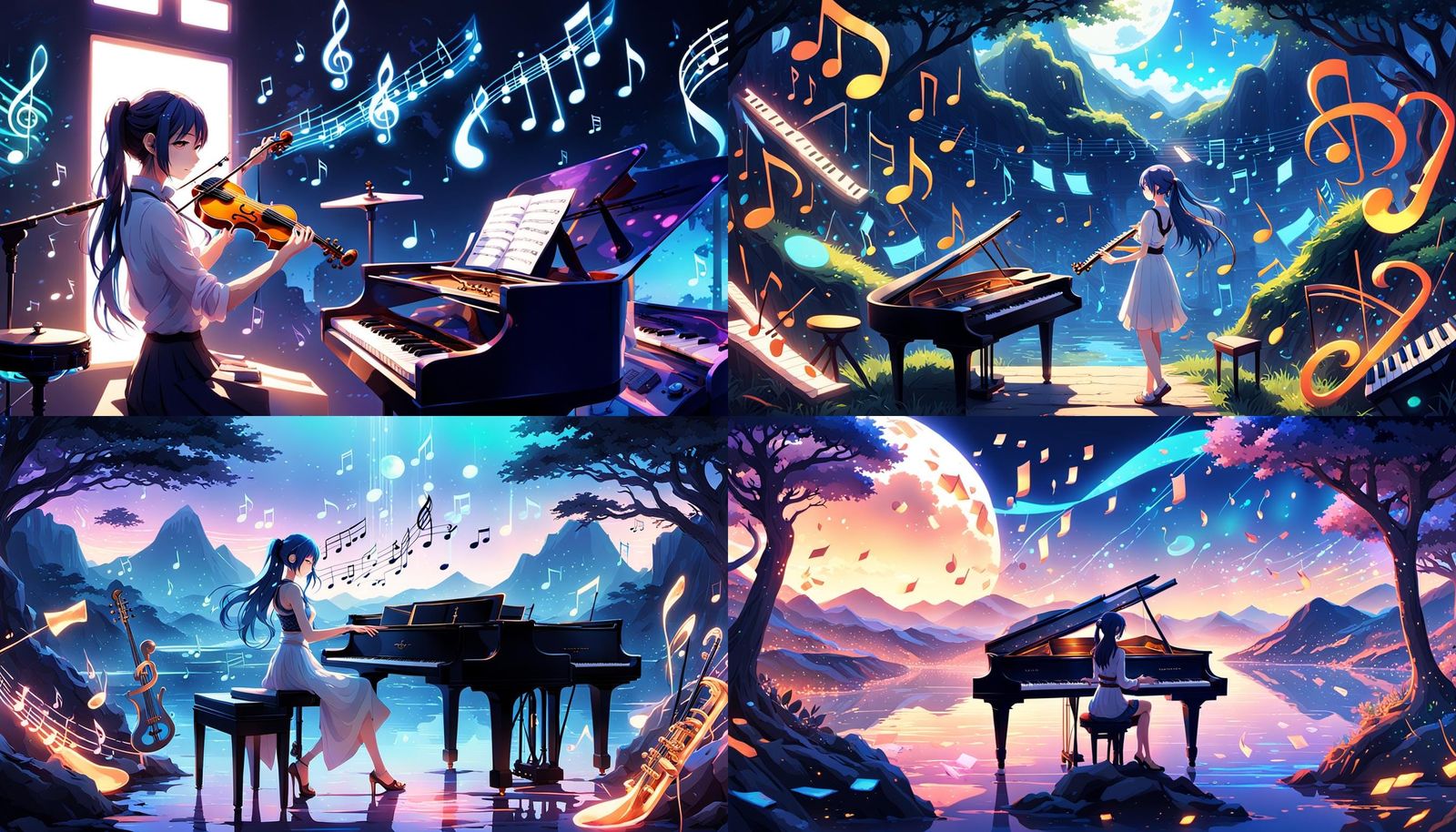 Anime Girl in Musical World with Neon Colors