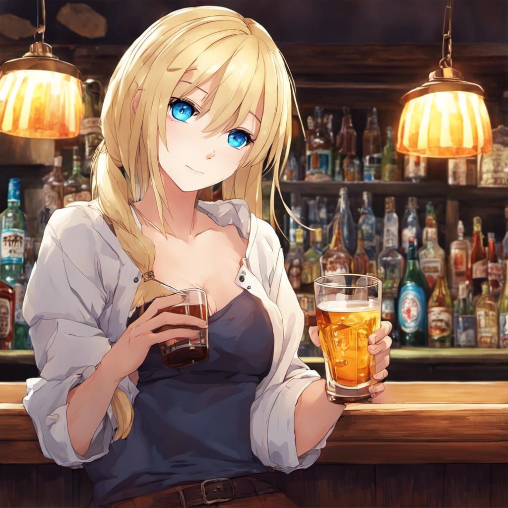 Anime Girl Drinking at Bar with Blonde Hair