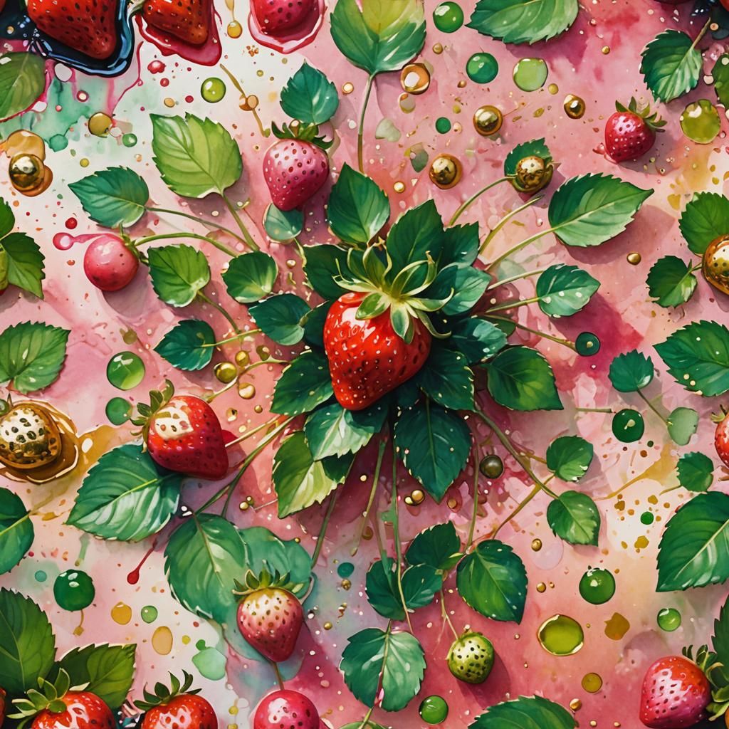 Detailed Strawberry in Abstract Watercolor Splashes