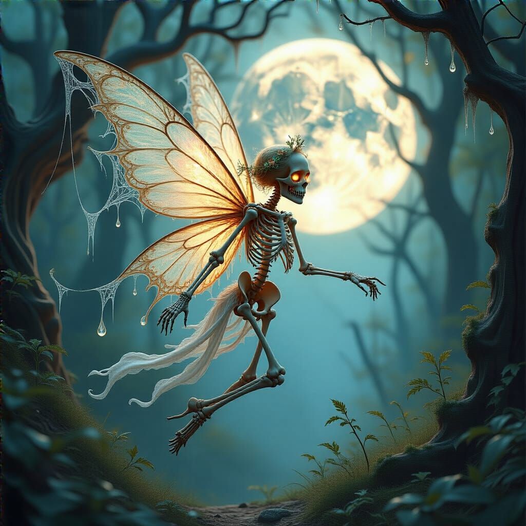Skeleton Fairy in Enchanted Forest, Art Nouveau Style