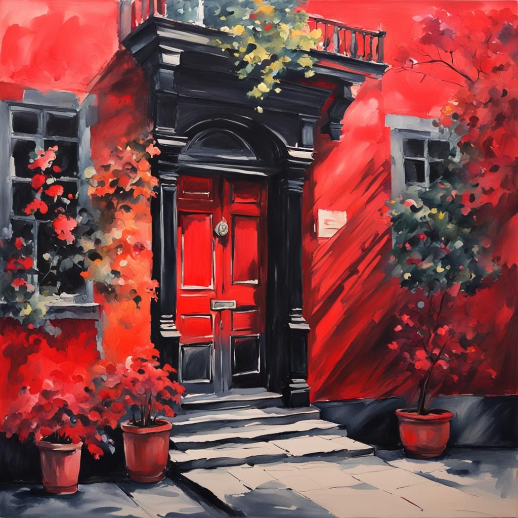 Red Door Painted Black in Gouache Style