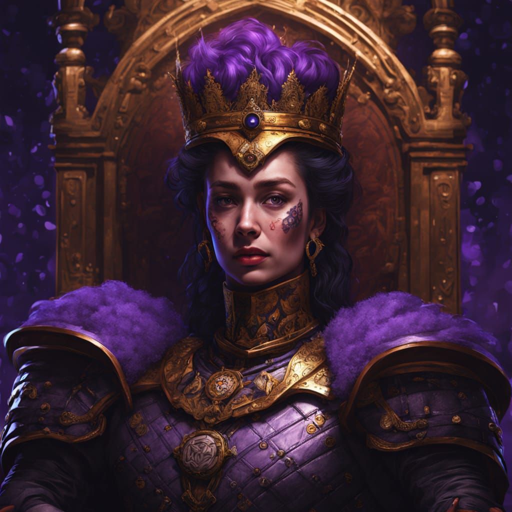 Regal Queen Hugs Mercury Rubbish in Shadowy Throne Room