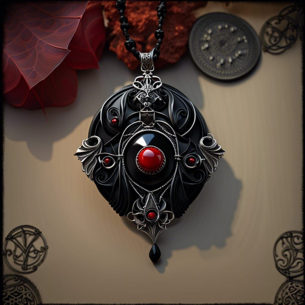 Hecate gothic necklace with obsidian pendant with red accent...