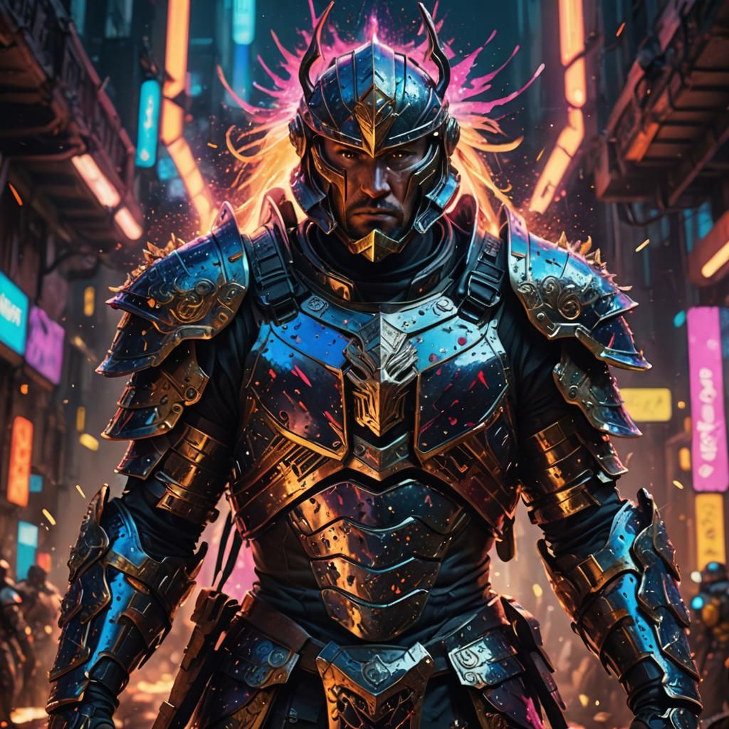 Hyperrealistic Warrior in Vibrant Cityscape Concept Art