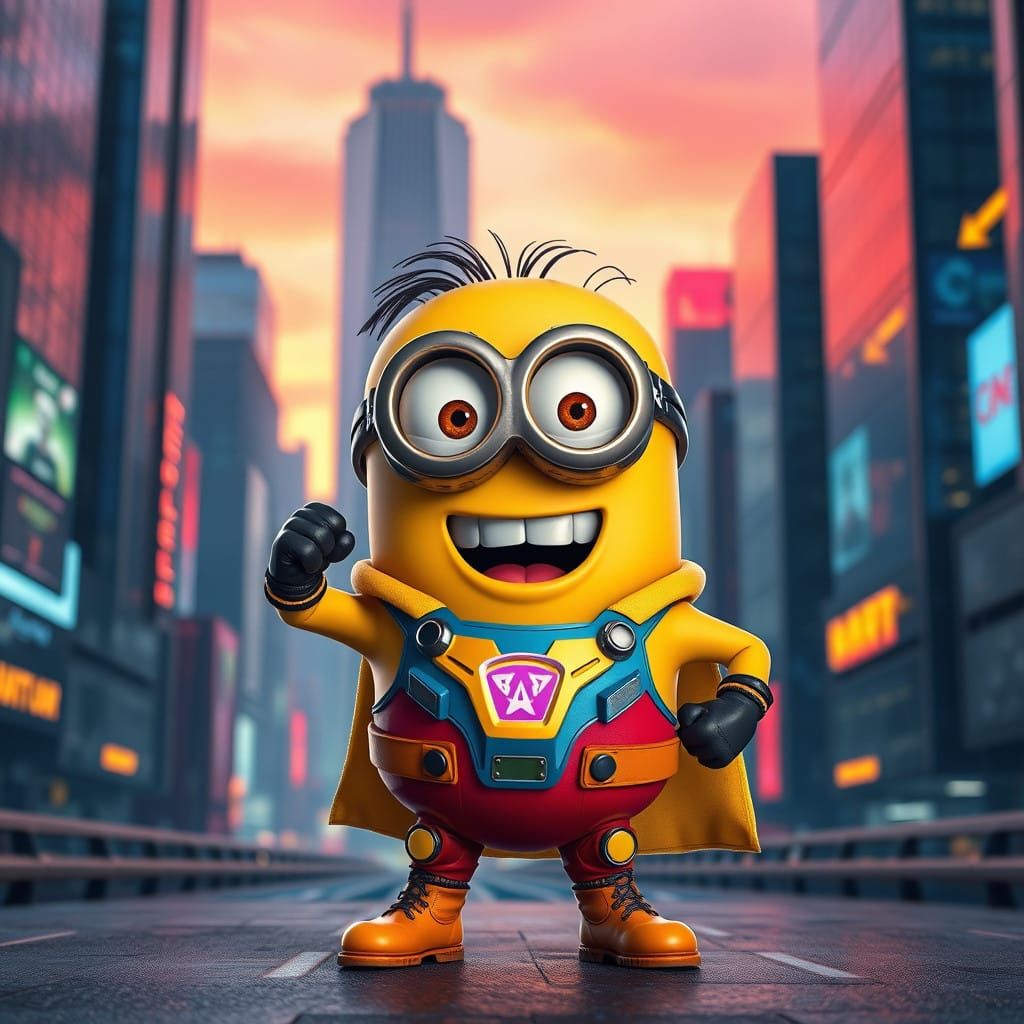 Heroic Super Minion Stands Tall in Neon City