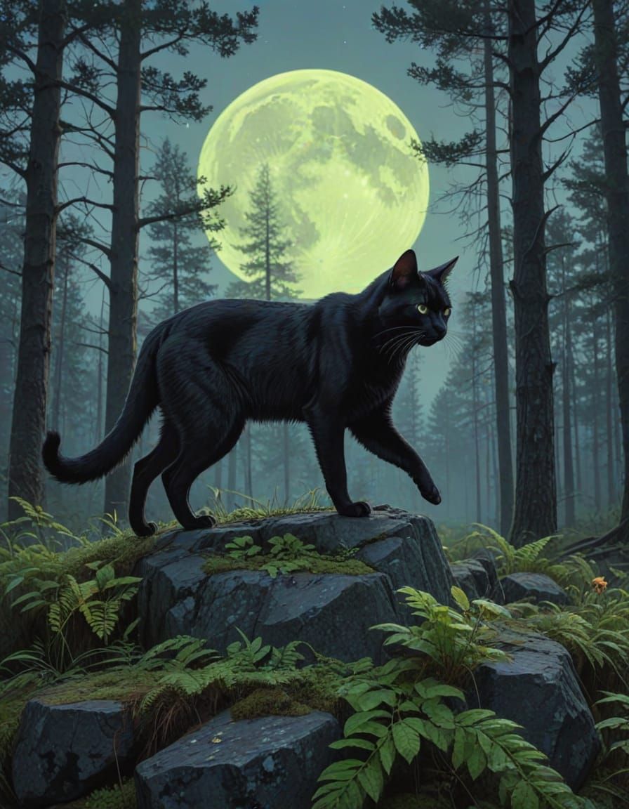 Surreal Black Cat Silhouette Blends with Mystical Forest Lan...