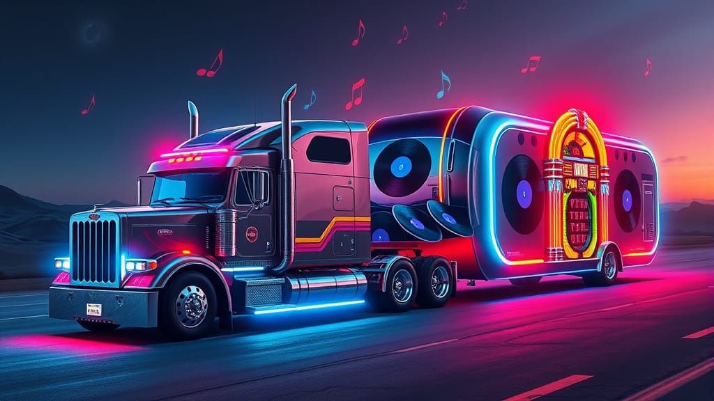 Futuristic Truck with Retro Jukebox Trailer