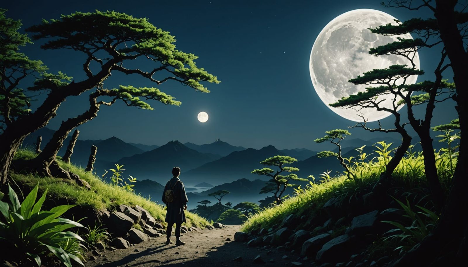 Surreal Japanese Myth: Hidden Plants Under Enormous Moon