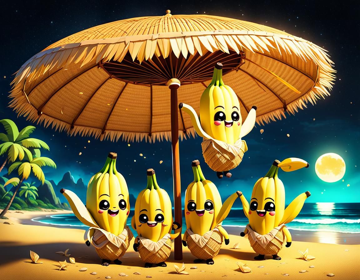 Chibi Bananas Party on Beach at Night