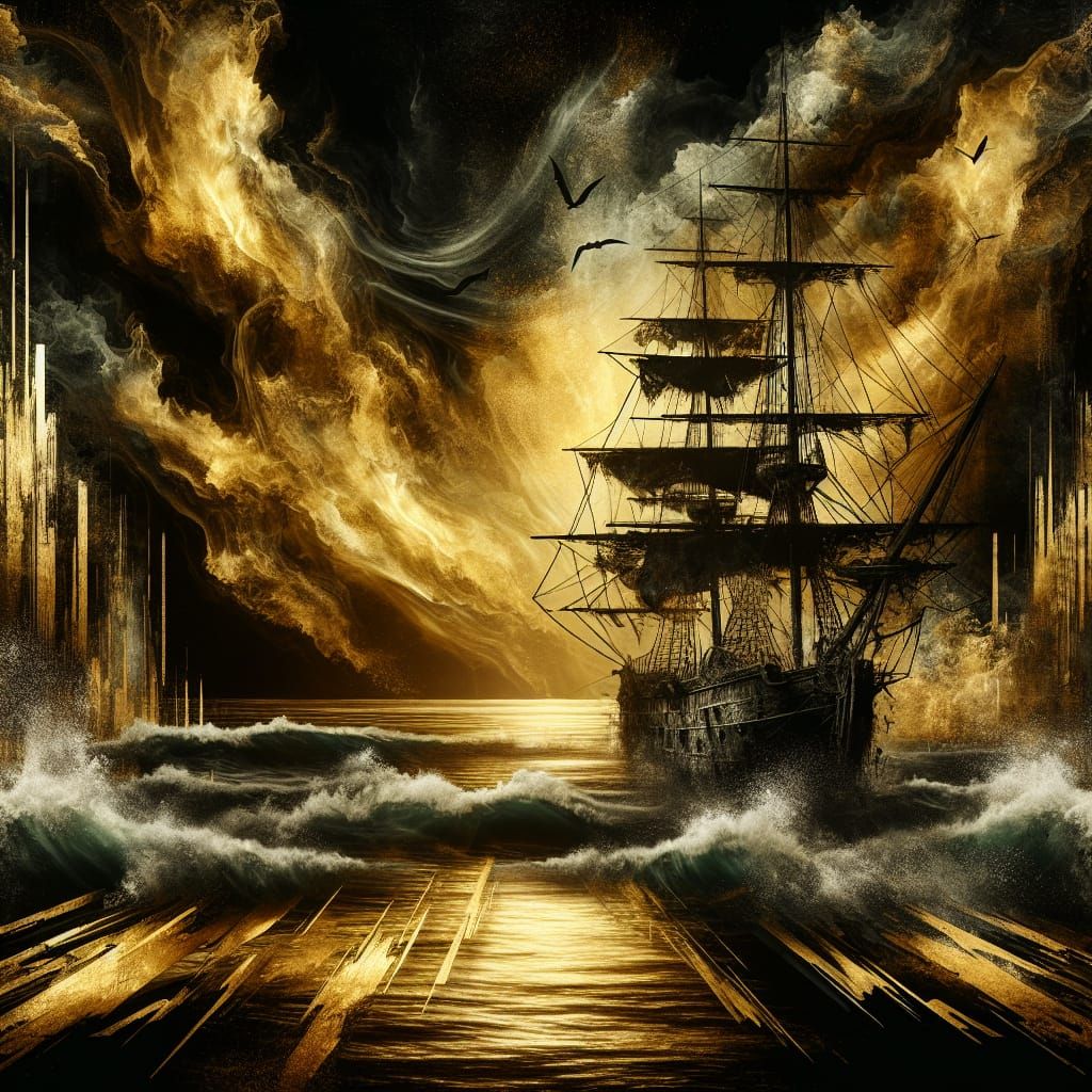 Dystopian Sailing Ship in a Haunting, Golden Apocalypse
