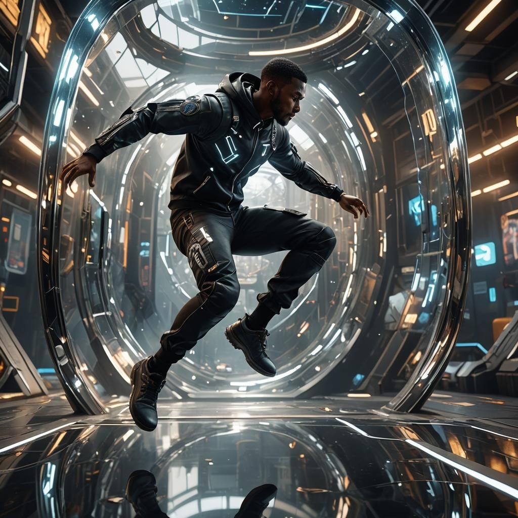 Futuristic Man Leaps Through Glass in 3D