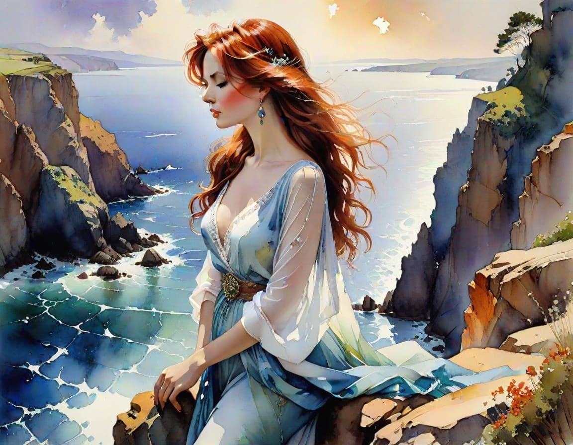 Woman on Rocky Cliff, Alcohol Ink Impressionism