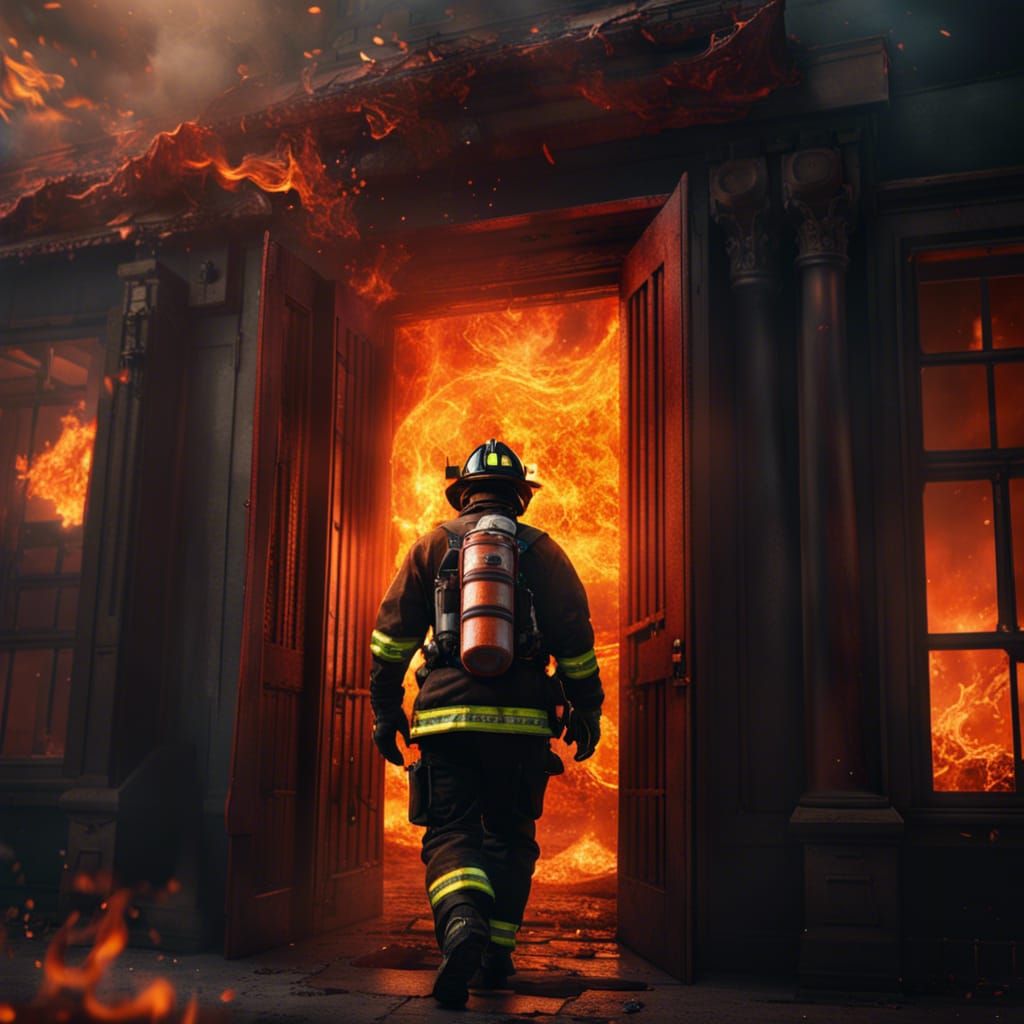 Firefighter Emerges from Inferno: Detailed Matte Painting