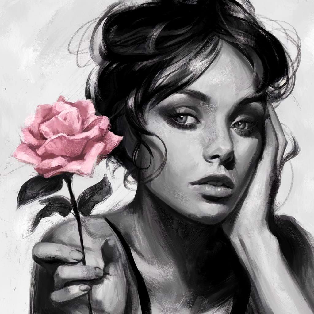 Ethereal Portrait of a Mysterious Figure with Pink Rose in H...