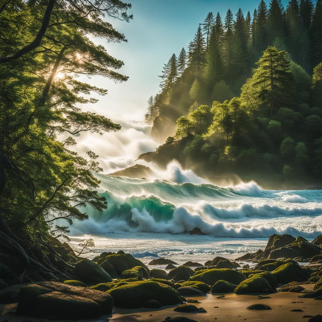 Crashing Waves and Green Forest: Serene Landscape Photograph...