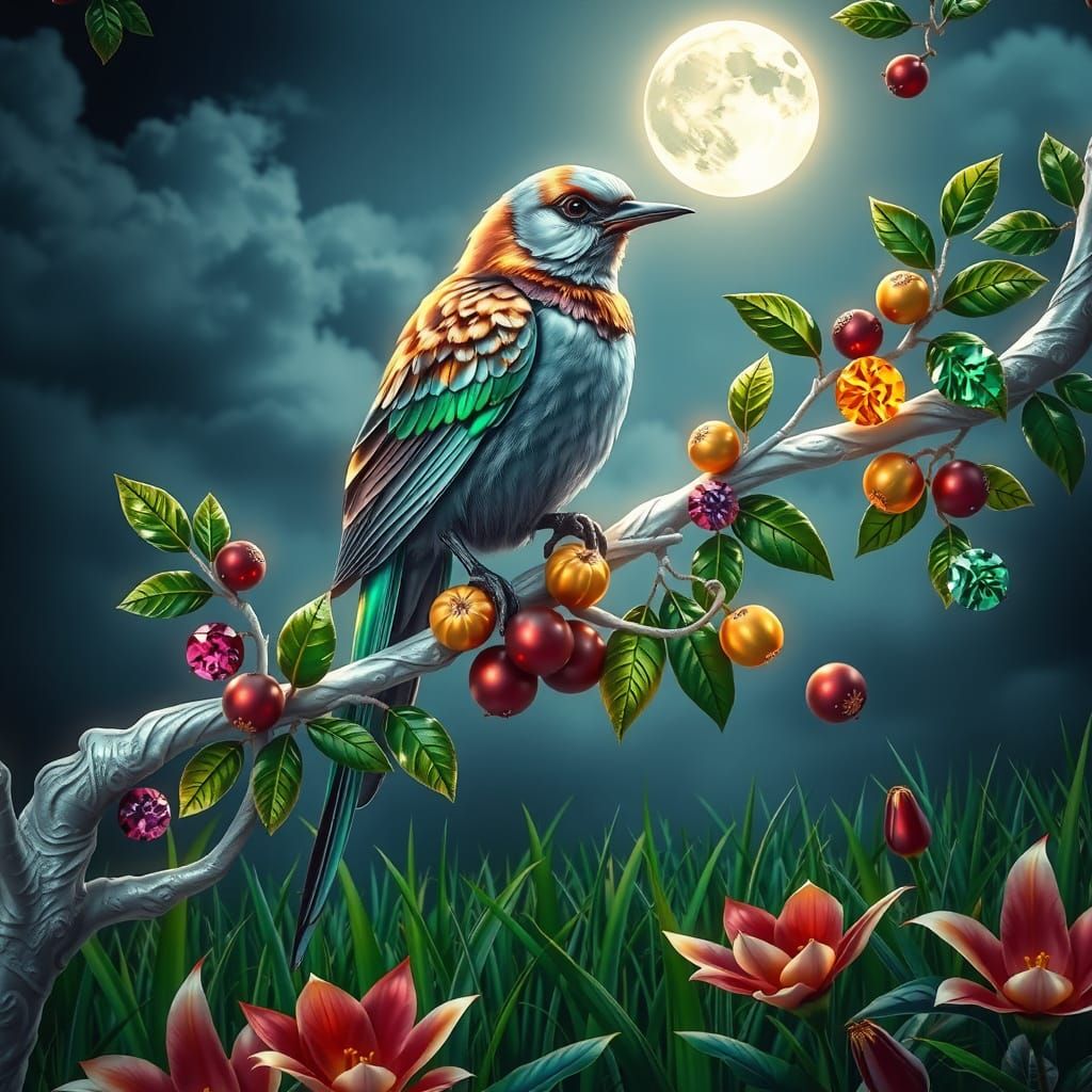 Metallic Bird on Jeweled Branch Under Full Moon