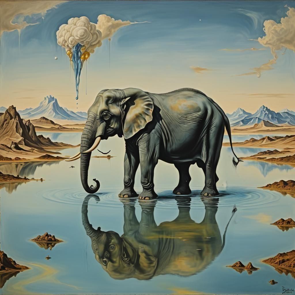 Surreal Elephant in Lake, Salvador Dali Style