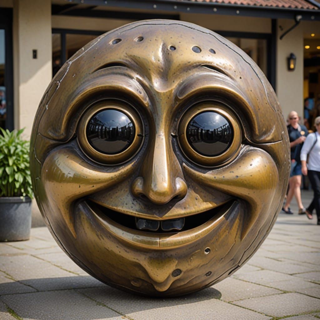 Giant Bronze Three-Eyed Smiley Face Sculpture