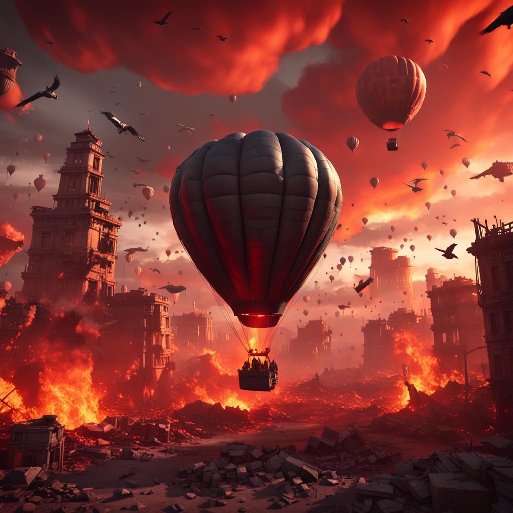 Hot Air Balloon in Burning Sky: Cinematic 3D Render