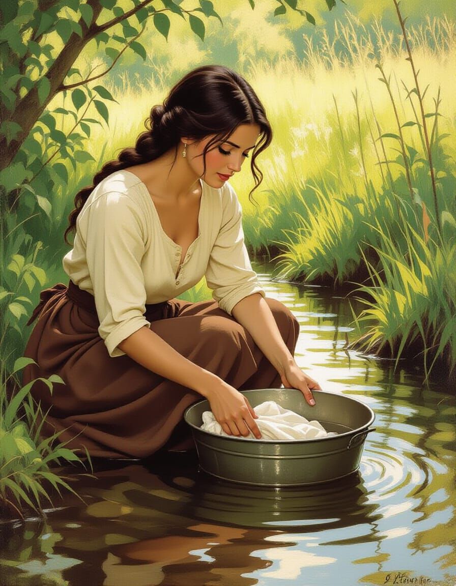 Woman Washing Clothes in Stream, Pastoral Scene