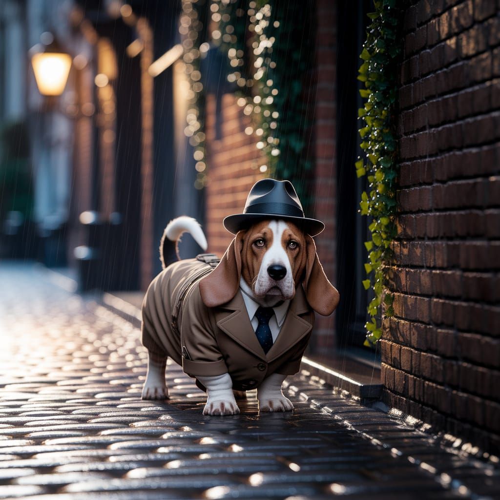 Basset Hound Detective Investigates Noir Alleyway