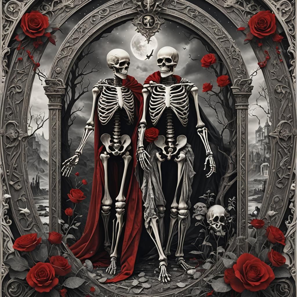 Skeleton Tarot Card: The Lovers in Red, White, and Black