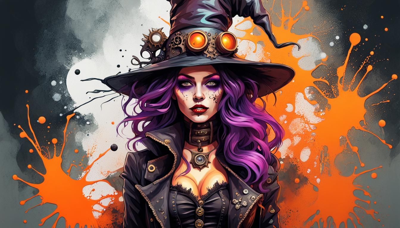 woman dressed in halloween witch costume in the style of steampunk