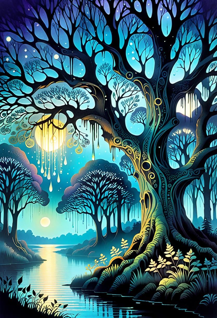 Dreamlike Forest with Ethereal Zentangle Details