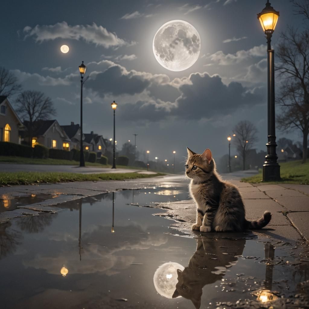 Moonlit Kitten Under Streetlight Reflection