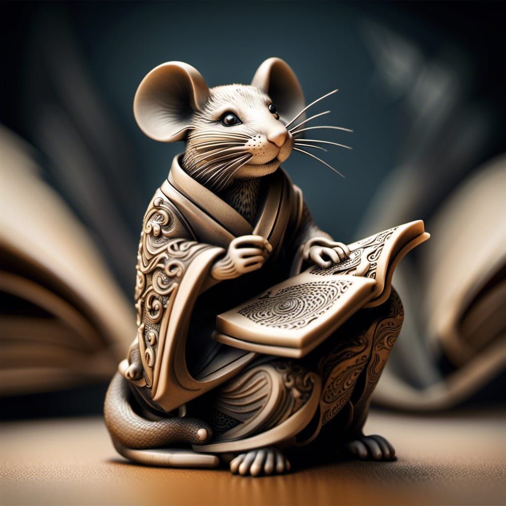 Mouse reading a scroll, in the style of Garaku