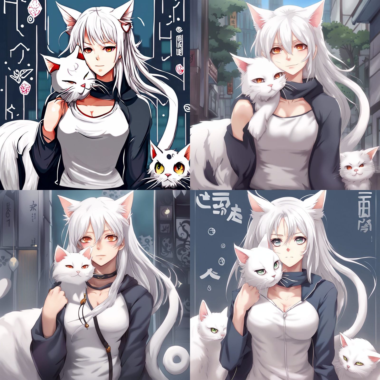 Anime Cat-Person with White Hair and Fluffy Ears