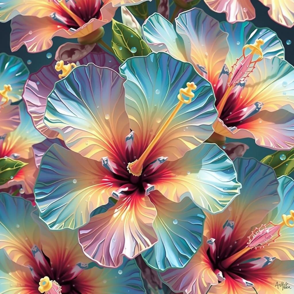 Aquamarine Crystal Hibiscus Flowers in Dreamy Style