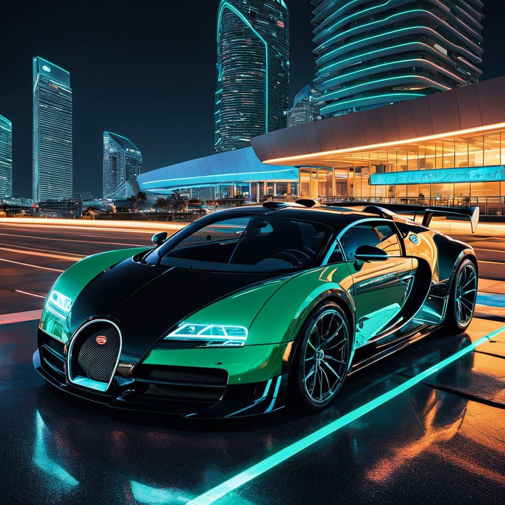 Sleek Bugatti Veyron Illuminated by Green Neon under Marina ...