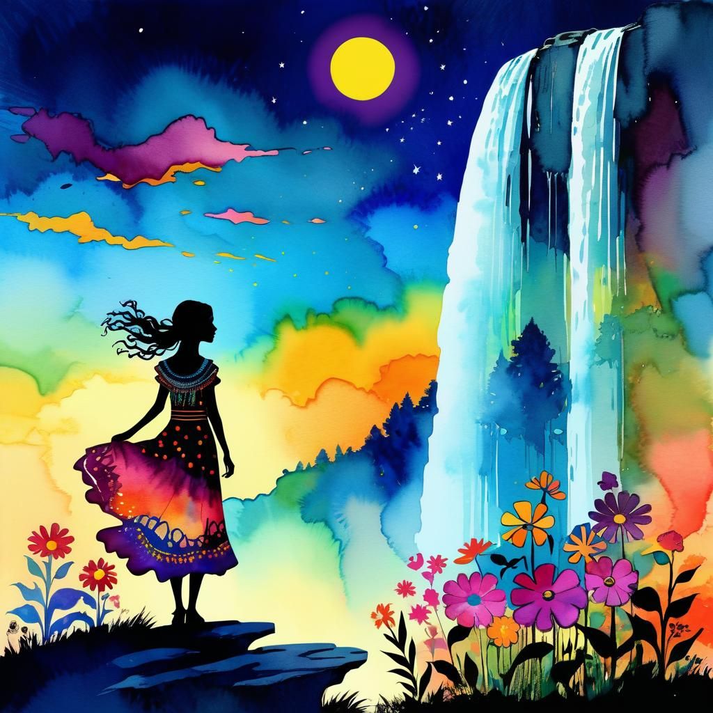 Gypsy Woman in Surreal Flower Garden Waterfall