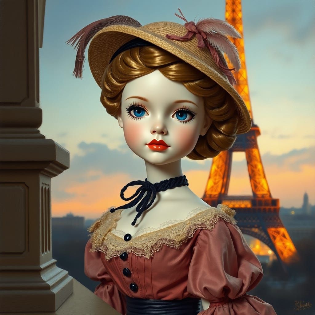 Belle Époque Parisian Doll by Eiffel Tower Twilight Oil Pain...