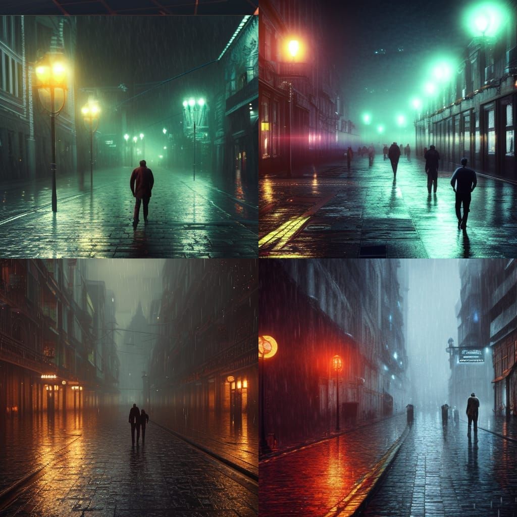 Midnight Rain: Man Walks in Dark, Detailed Painting