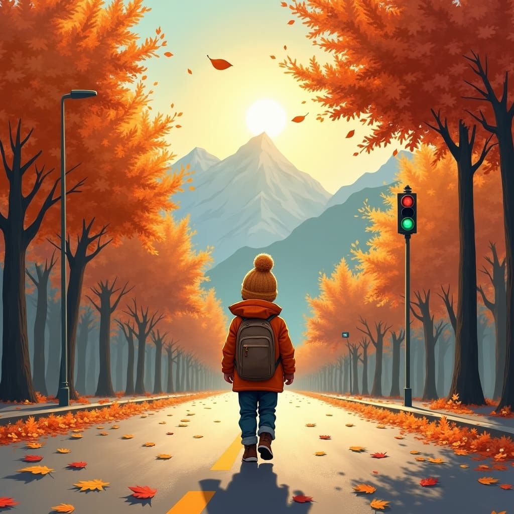 Autumn Boy on a Quiet Street