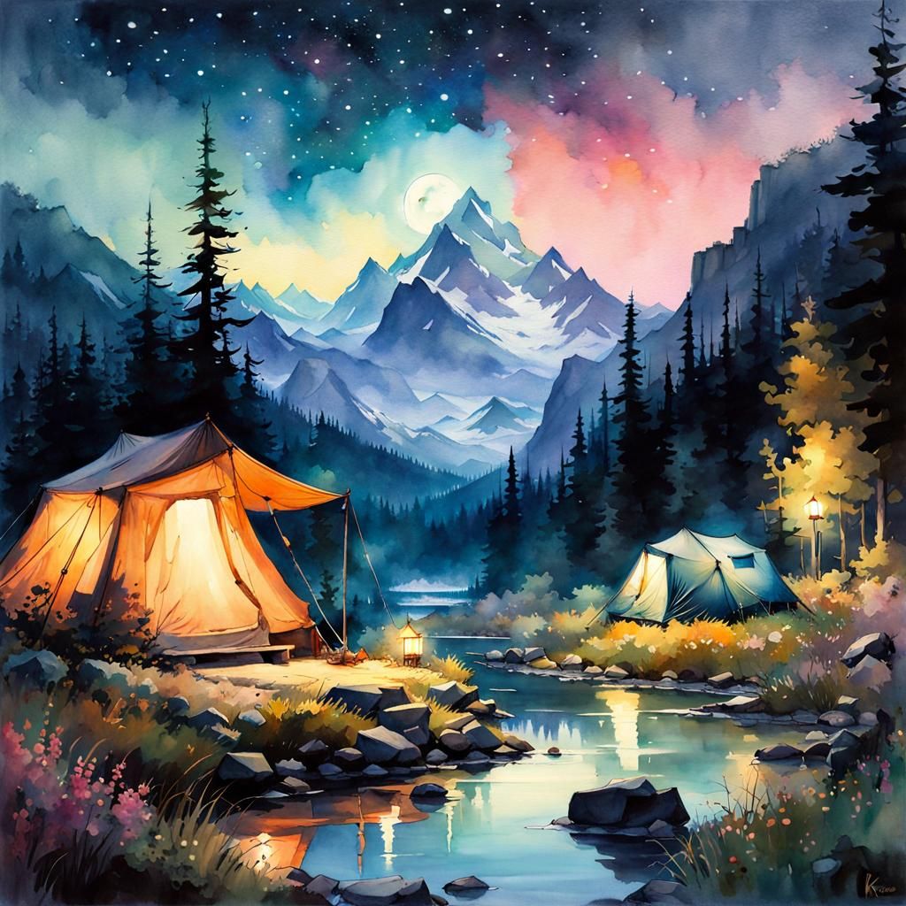 Night Camping Scene in Atmospheric Watercolor