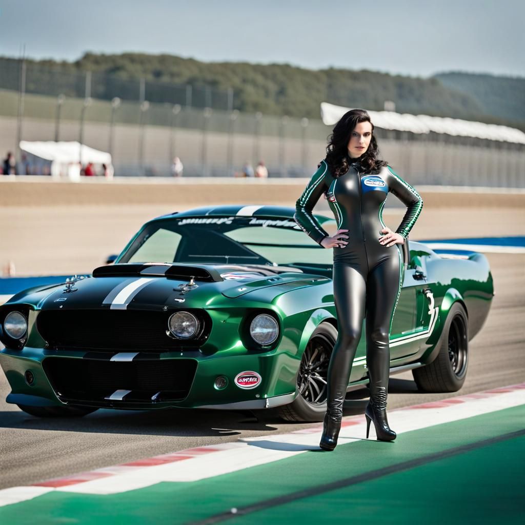 Voluptuous Woman Poses with Classic Mustang at Racetrack