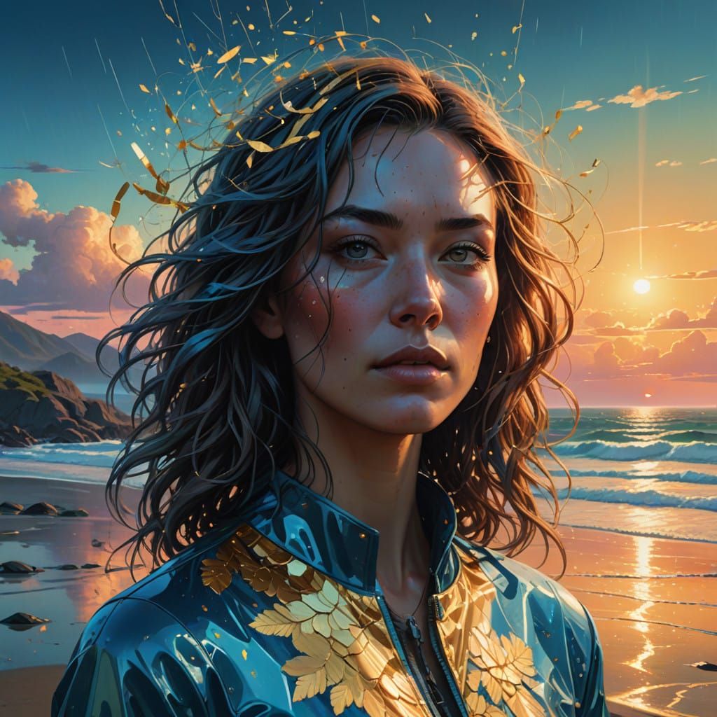 Stunning Young Woman Basks in Sunset Glow on Coastal Watersc...