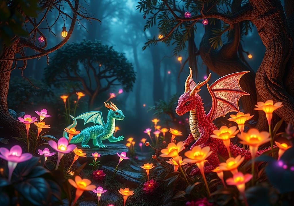 Enchanting Fluorescent Forest with Glowing Dragons