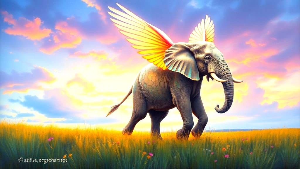 Majestic Twilight Realism of a Winged Elephant in a Floating...