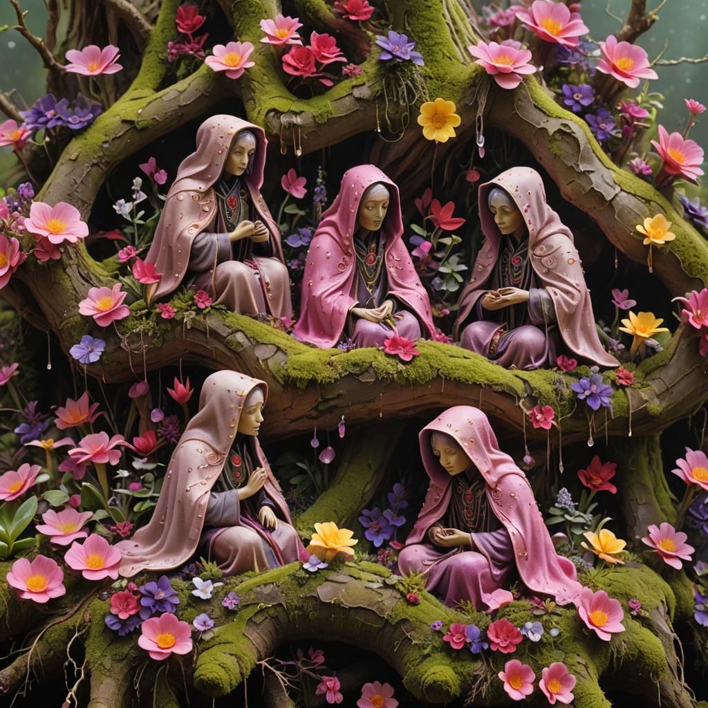 Mossy Bark Scene with Embroidered Figures, Digital Art