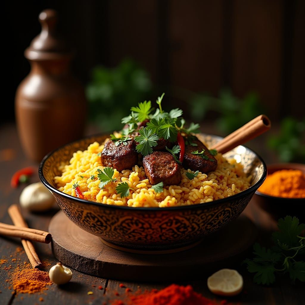 Exquisite Indian Lamb Biryani in a Hand-Painted Platter on D...