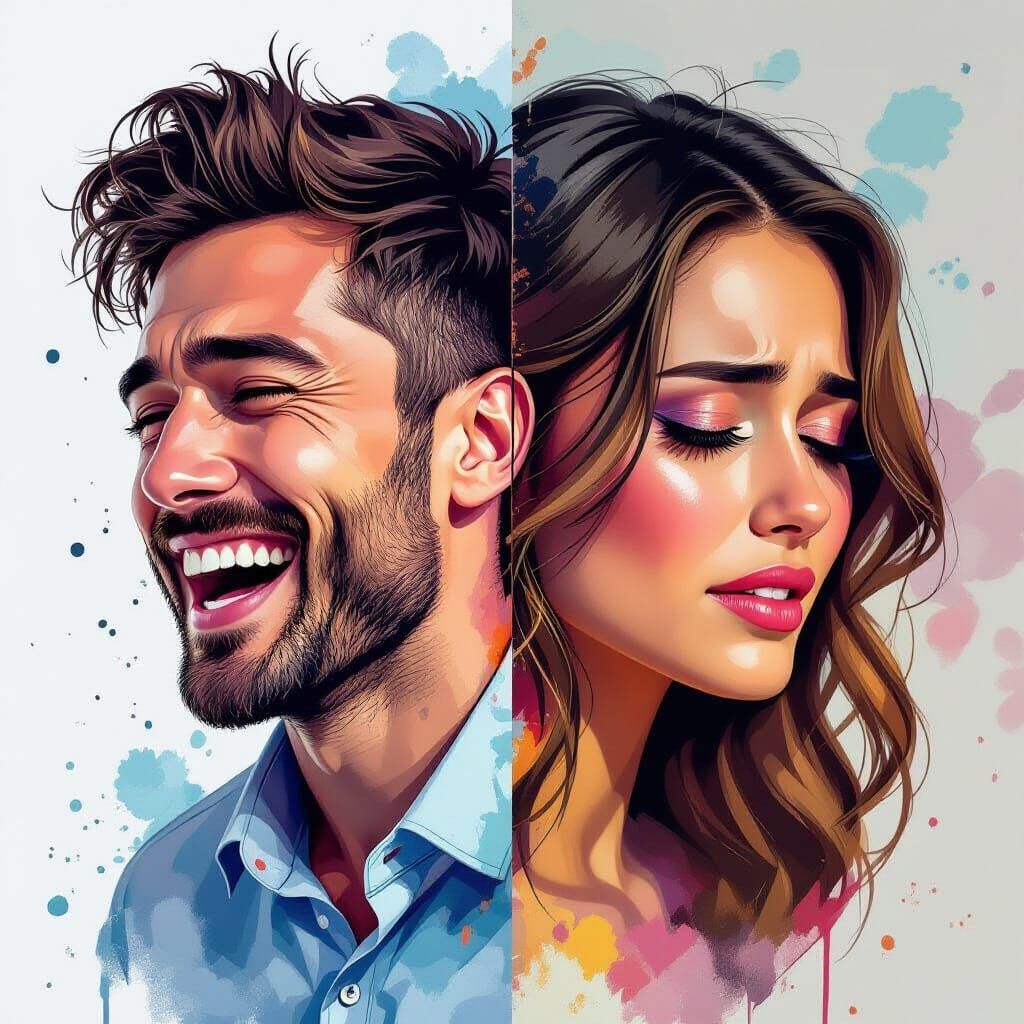 Contrasting Emotions: Laughing Man and Crying Woman